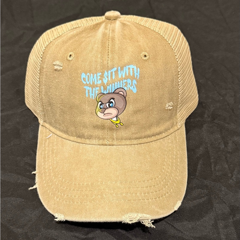 Tan Distressed Cap with Bear Design